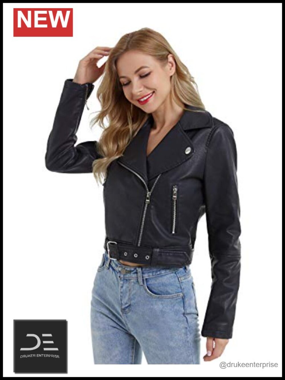 Faux Leather Moto Jacket Slim Belted Asymmetrical Zip Notch Lapel